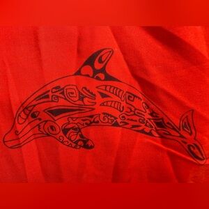 Red Sarong-Tahitian with Tribal Dolphin Graphic & Island Names